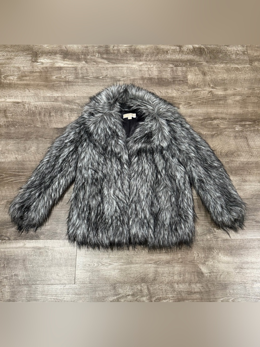 Michael Kors Womens Gun Metal Glitter Statement Faux Fur Jacket Coat S